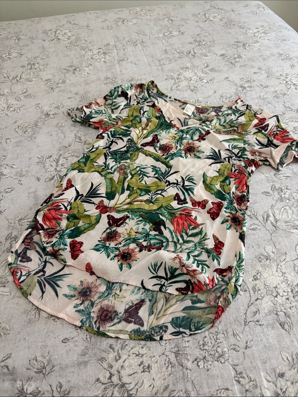 H&M Cream Floral Short Sleeve Blouse with Green & Red Botanical Print